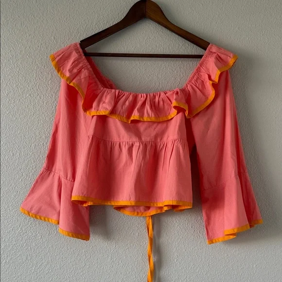 Maeve Anthropologie Pink Square-Neck Ruffle Babydoll Medium Flare sleeve Top M - Picture 3 of 10